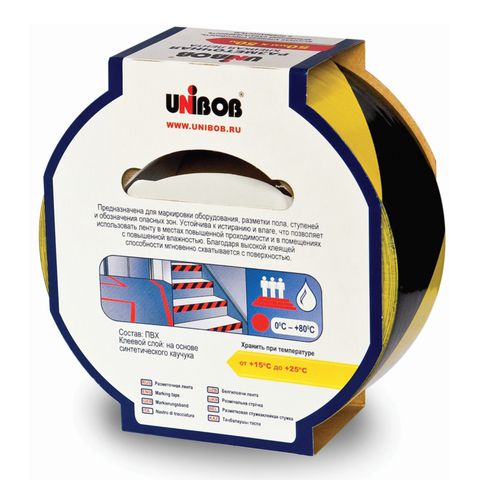 604162 Клейкая лента разметочная 50 мм х 50 м, желто-черная, UNIBOB, основа-ПВХ, европодвес, 48905